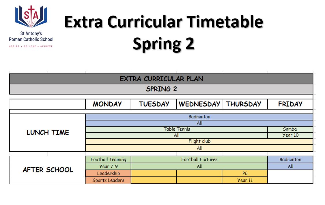 Extra Curricular Timetable – St. Antony's Roman Catholic School